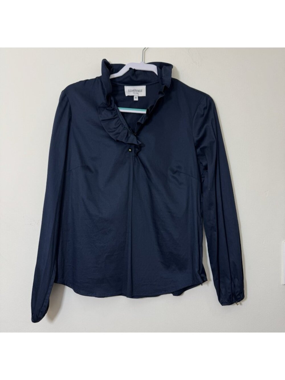 Elizabeth McKay Women’s Elizabeth Shirt Size 10 Blue Side Zip Ruffle Neck